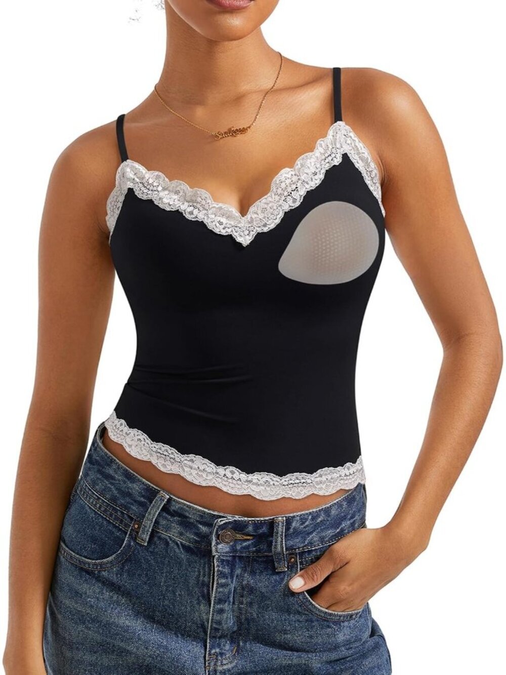 Women's Black White Sleeveless Padded Lace Double Lined V Neck Pull On Tank Tops